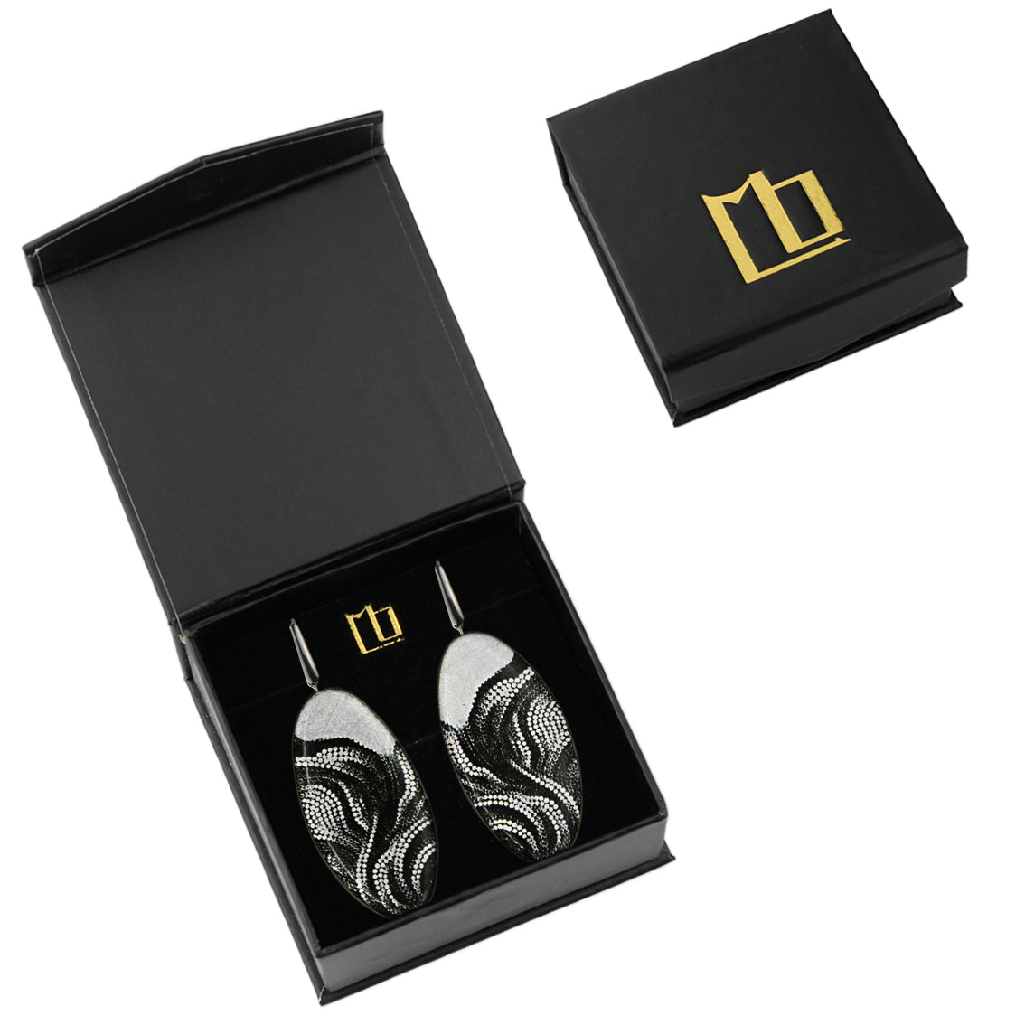 DANDLE DROP FABRIANNE STATEMENT XXL SILVER AND BLACK OVAL EARRINGS - SD349