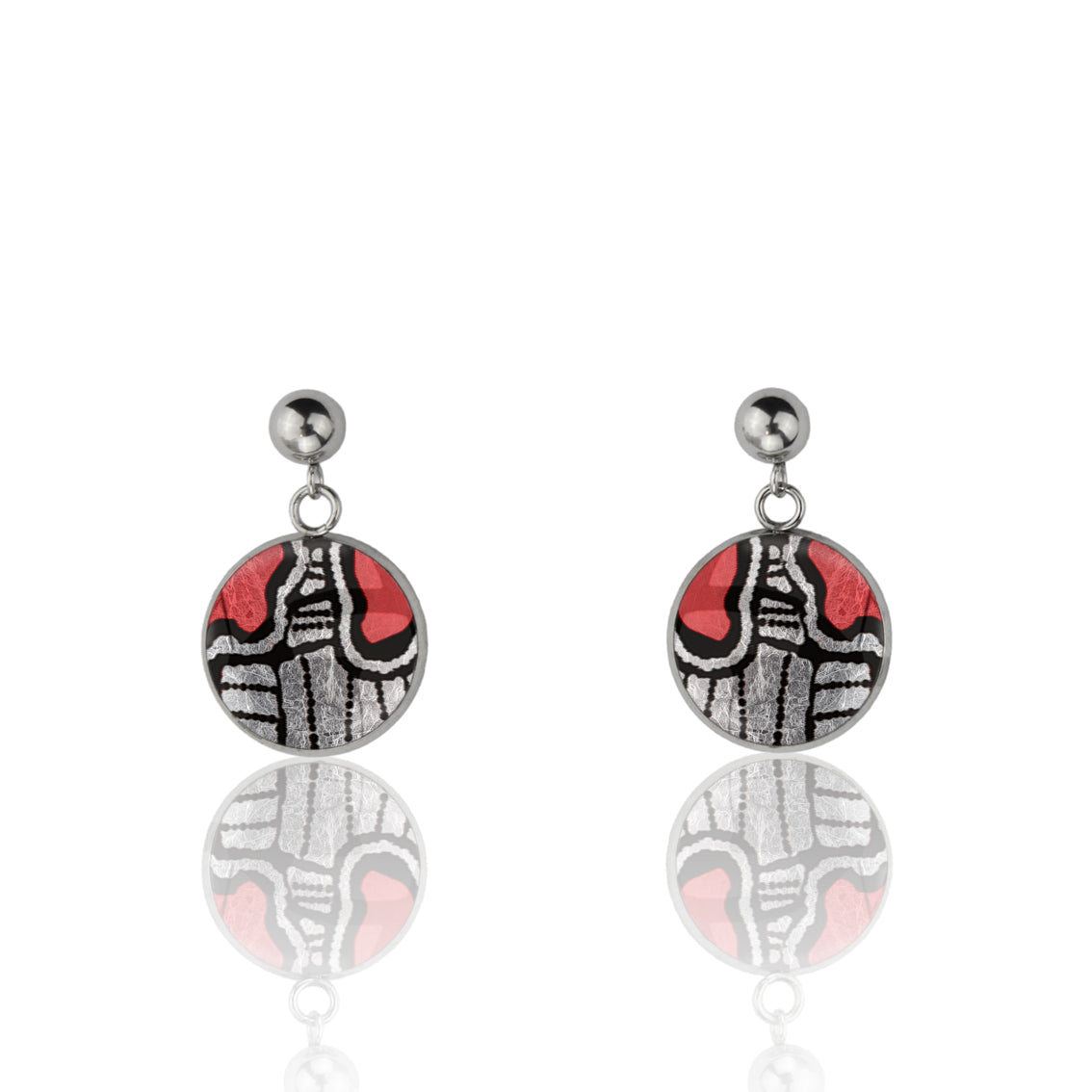 AMELIA DANGLE DROP CIRCLE SILVER AND RED EARRINGS - M089 - in Circle Box