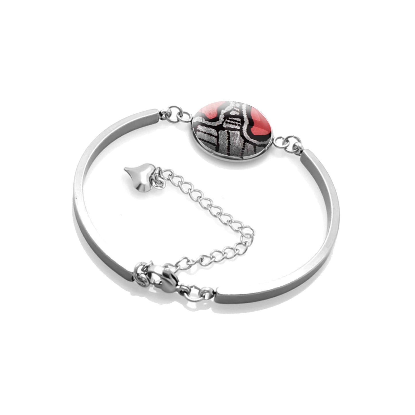 AMELIA SILVER, BLACK AND RED DANGLE BANGLE - B132