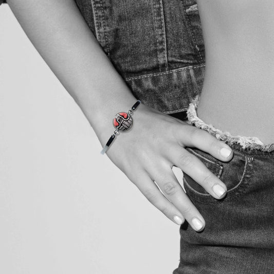 AMELIA SILVER, BLACK AND RED DANGLE BANGLE - B132