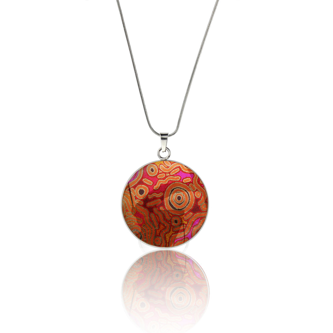 BESS ORANGE CORAL PINK CIRCLE PENDANT ON A CHAIN NECKLACE - M080 - in Circle Box