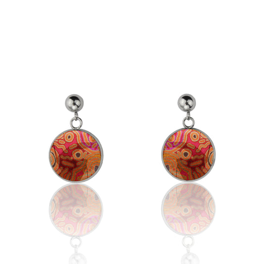 BESS ORANGE CORAL PINK DANGLE DROP CIRCLE EARRINGS - M079 - in Circle Box