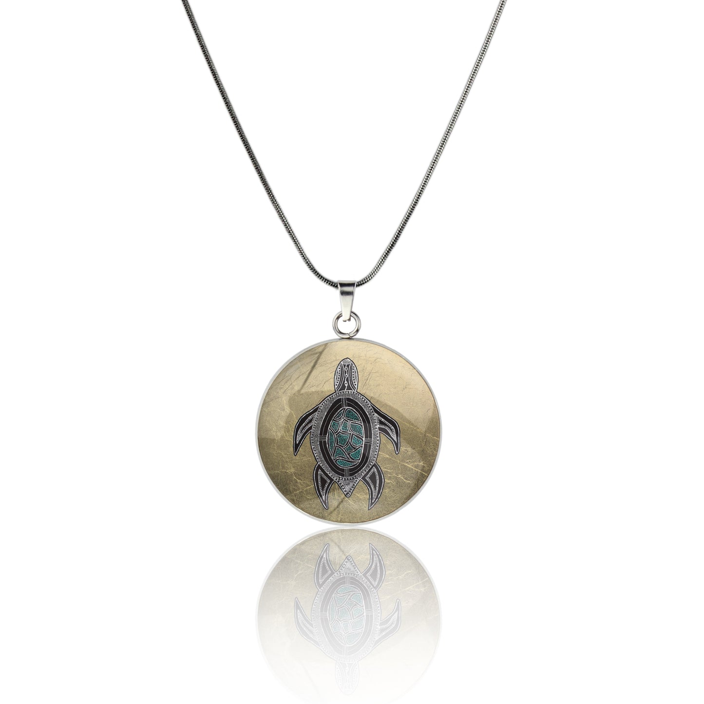 BRONWEN SEA TURTLE CIRCLE PENDANT ON A CHAIN NECKLACE - M139S - on Satchel