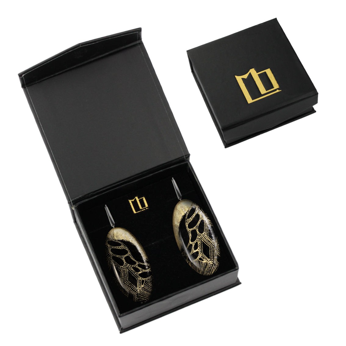 DANDLE DROP ELSIE STATEMENT XXL GOLD AND BLACK OVAL EARRINGS - SD222