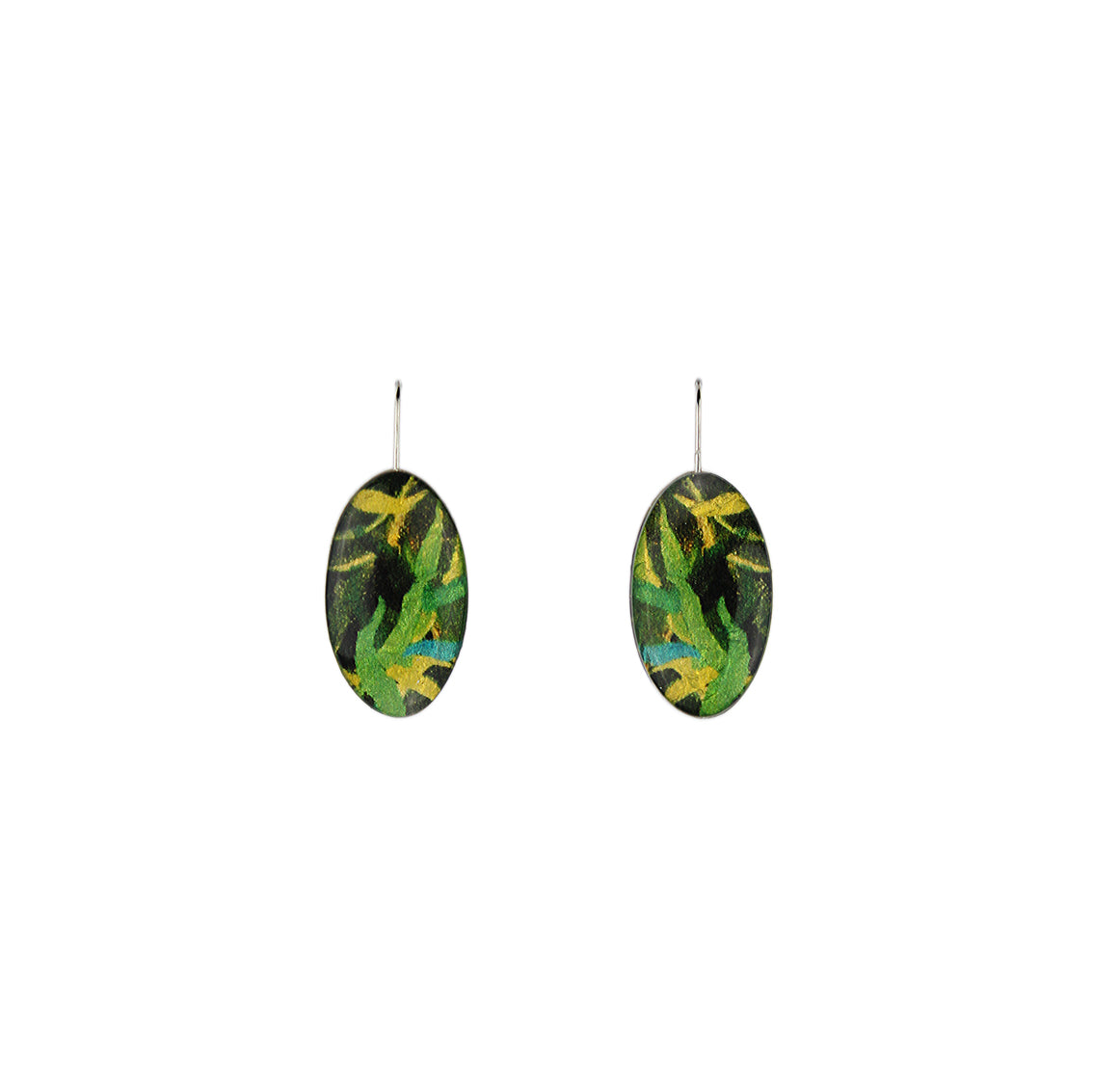 EUCALYPTUS IN SPRING GREEN DANGLE DROP OVAL EARRINGS - D311