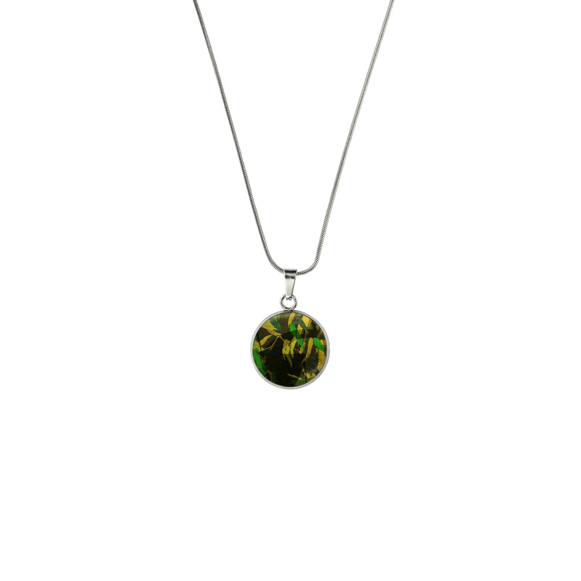 EUCALYPTUS IN SPRING GREEN XS CIRCLE PENDANT ON A CHAIN NECKLACE - M213S - on Satchel
