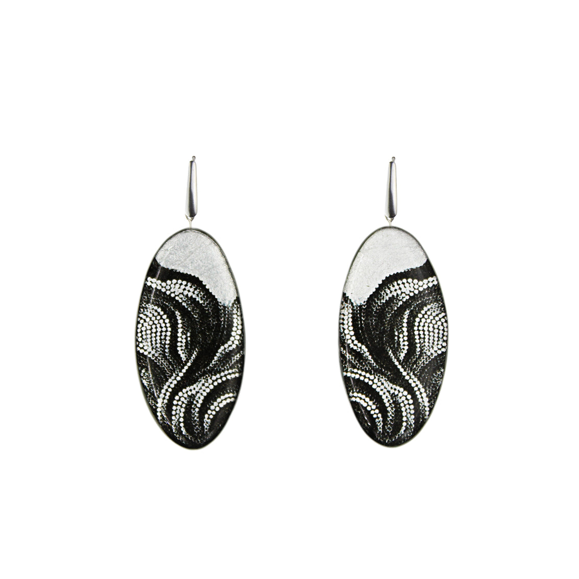 DANDLE DROP FABRIANNE STATEMENT XXL SILVER AND BLACK OVAL EARRINGS - SD349