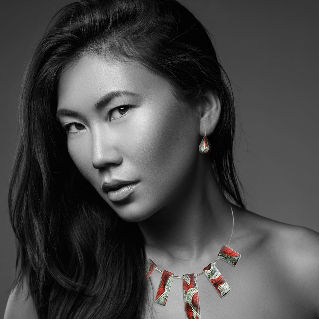 DANDLE DROP FABRIANNE DOMED RED AND SILVER EARRINGS - SD329