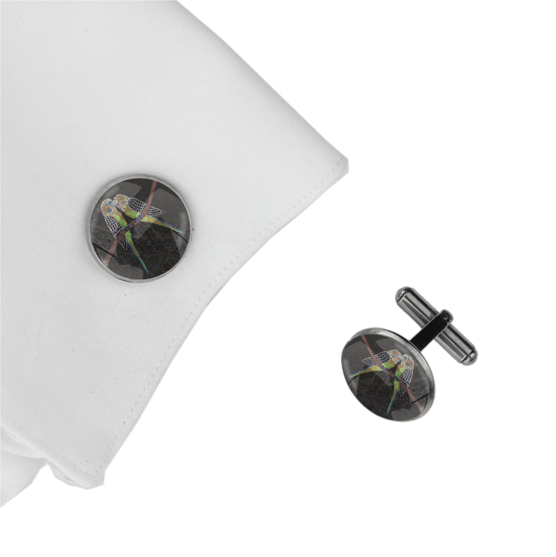KATHLEEN BUDGIE BIRDS CIRCLE ELEGANT CUFFLINKS - M112