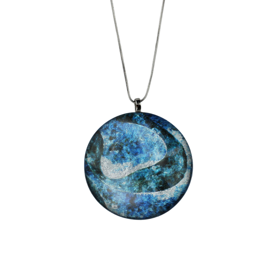 LANGUISHING WAVES OCEAN BLUE LARGE CIRCLE PENDANT ON A CHAIN NECKLACE - D751