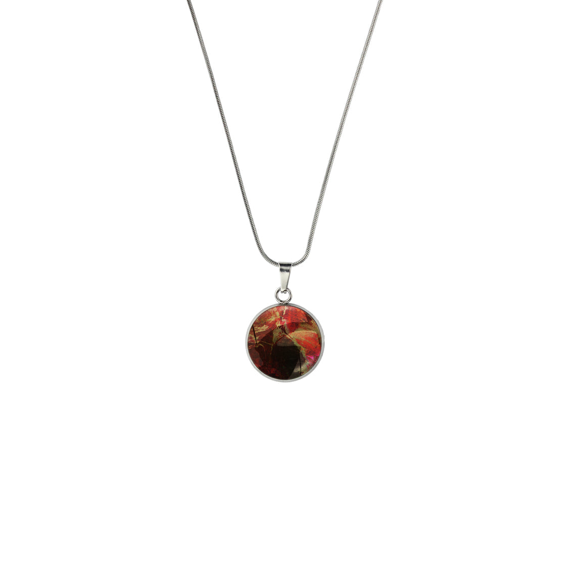LAVA FLOODING ORANGE AND RED XS CIRCLE PENDANT ON A CHAIN NECKLACE - M197 - in Circle Box
