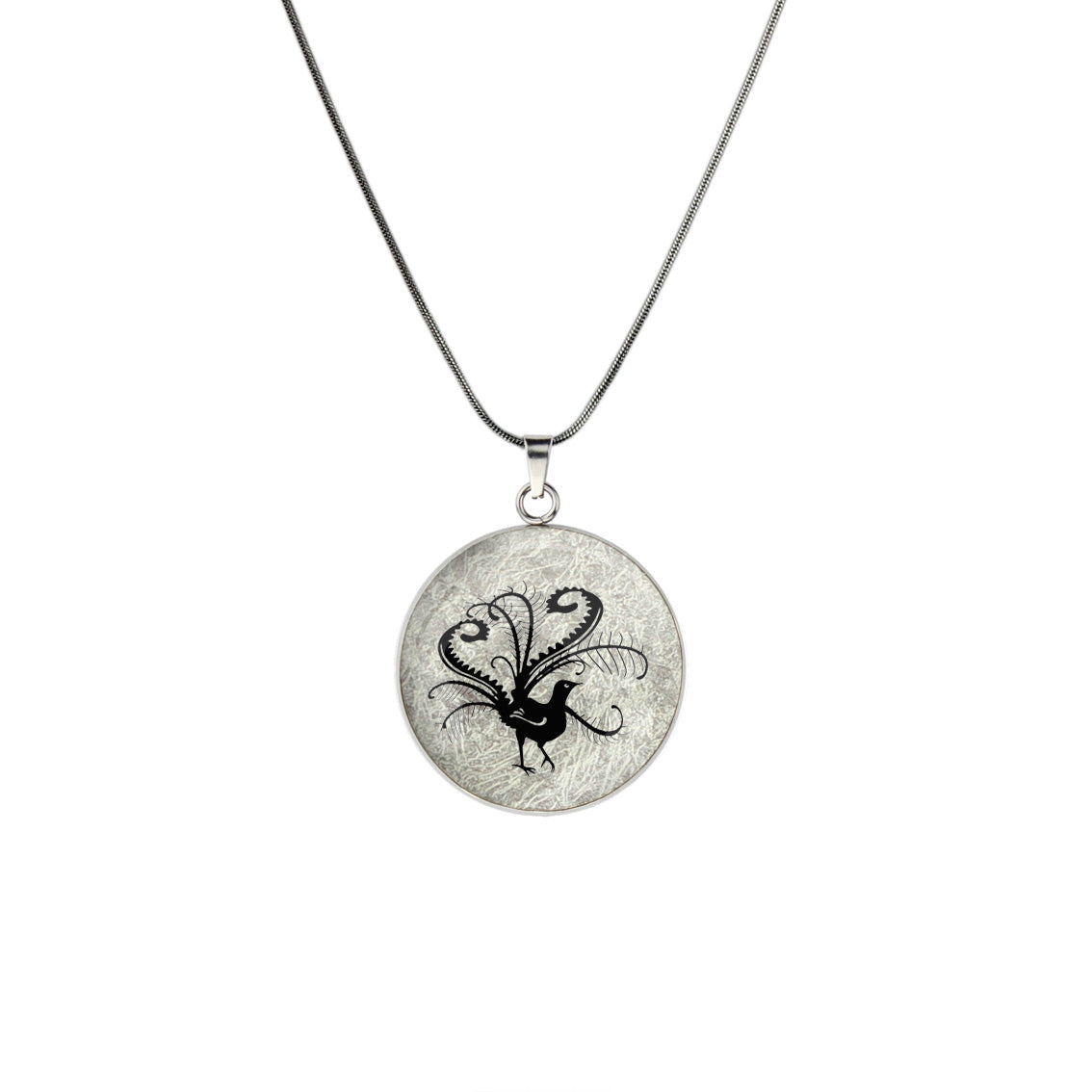 LYREBIRD CIRCLE PENDANT ON A CHAIN NECKLACE - in Circle Box