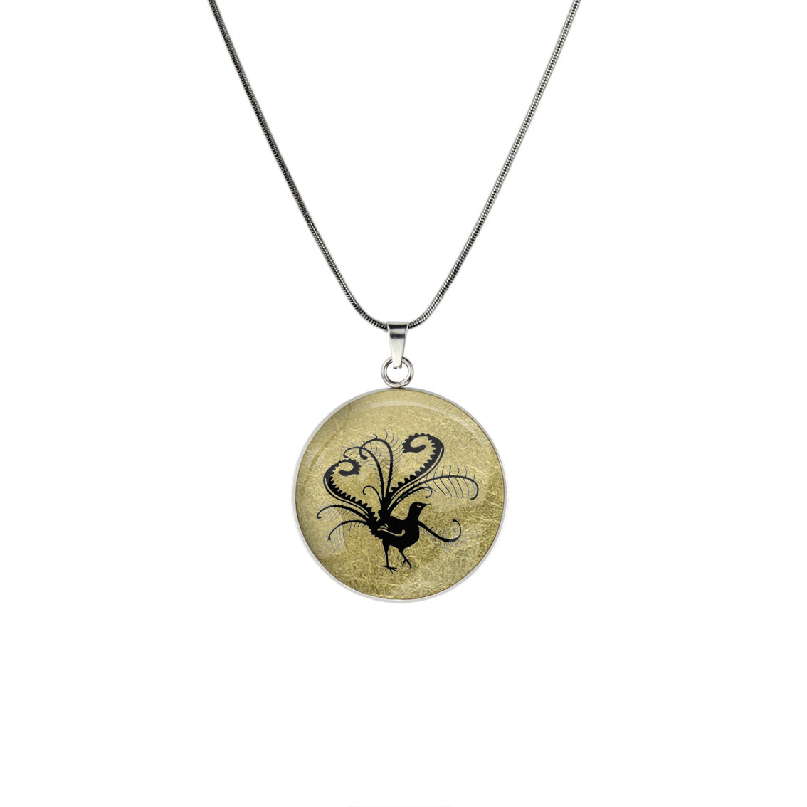 LYREBIRD CIRCLE PENDANT ON A CHAIN NECKLACE - in Circle Box