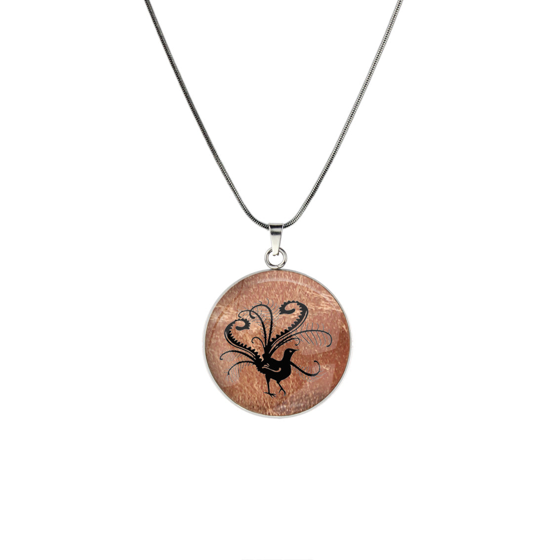 LYREBIRD CIRCLE PENDANT ON A CHAIN NECKLACE - in Circle Box
