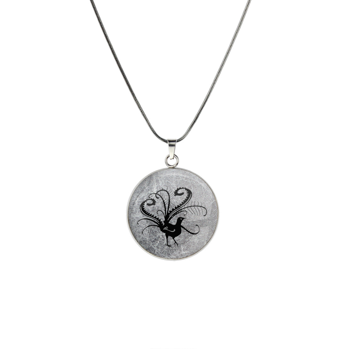 LYREBIRD CIRCLE PENDANT ON A CHAIN NECKLACE - in Circle Box