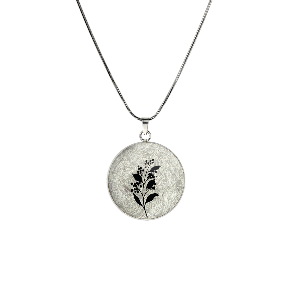 AUSTRALIAN NATIVE FLORA - ACACIA WATTLE CIRCLE PENDANT ON A CHAIN NECKLACE - D827S - on Satchel