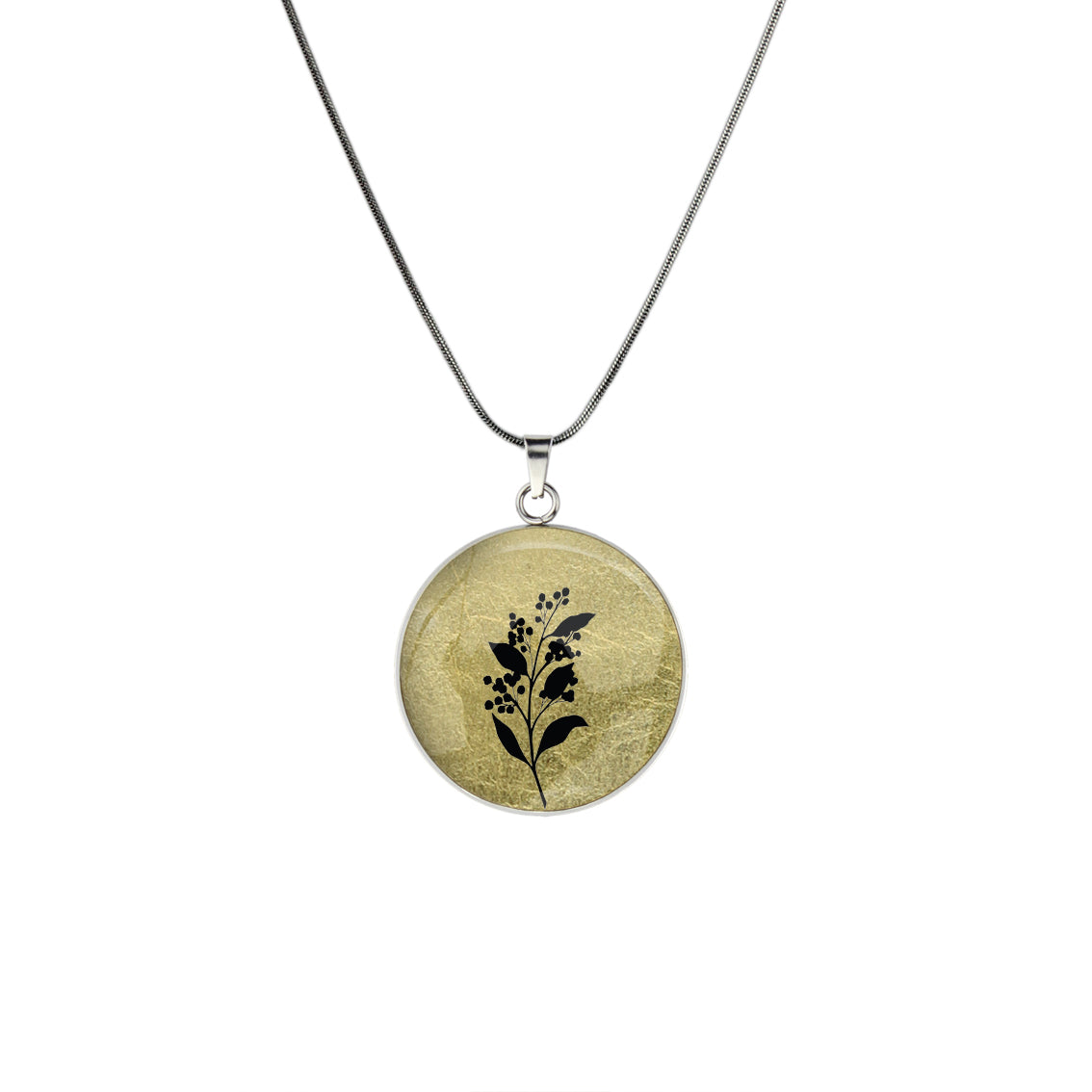 AUSTRALIAN NATIVE FLORA - ACACIA WATTLE CIRCLE PENDANT ON A CHAIN NECKLACE - D827S - on Satchel