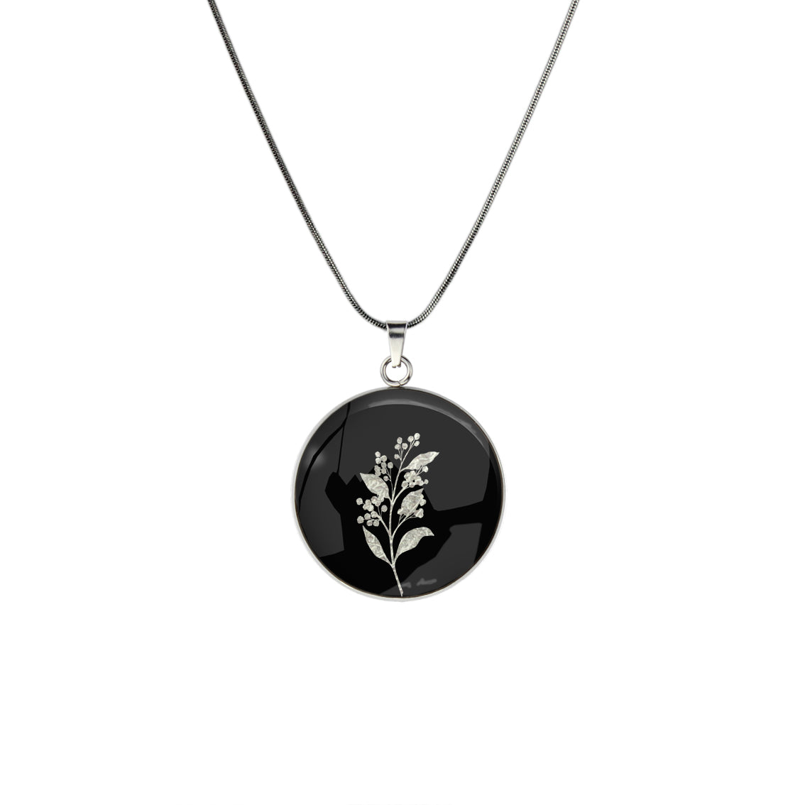 AUSTRALIAN NATIVE FLORA - ACACIA WATTLE CIRCLE PENDANT ON A CHAIN NECKLACE - D827S - on Satchel