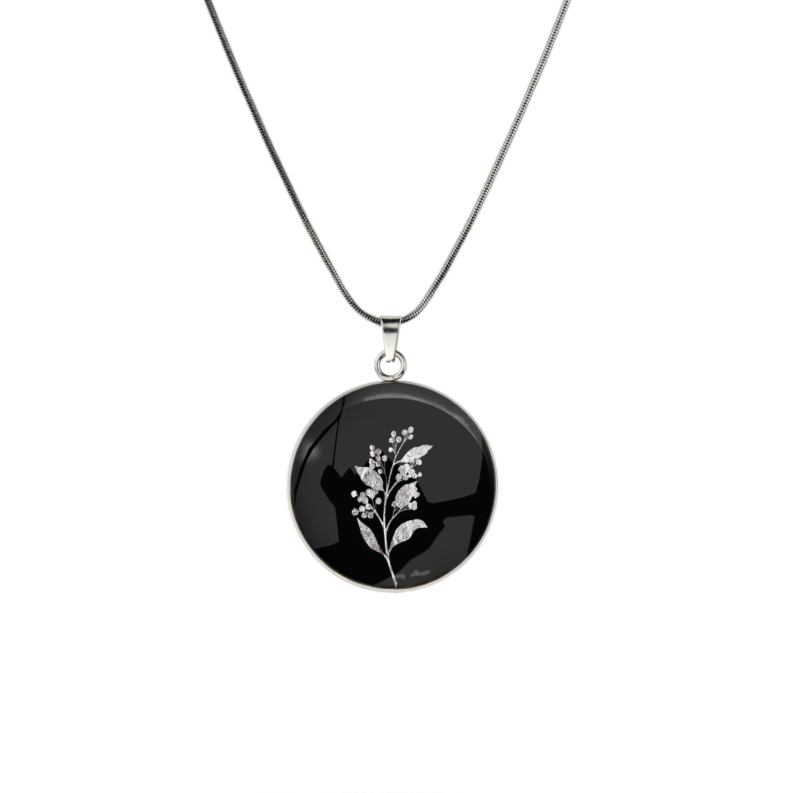 AUSTRALIAN NATIVE FLORA - ACACIA WATTLE CIRCLE PENDANT ON A CHAIN NECKLACE - D827 - in Circle Box