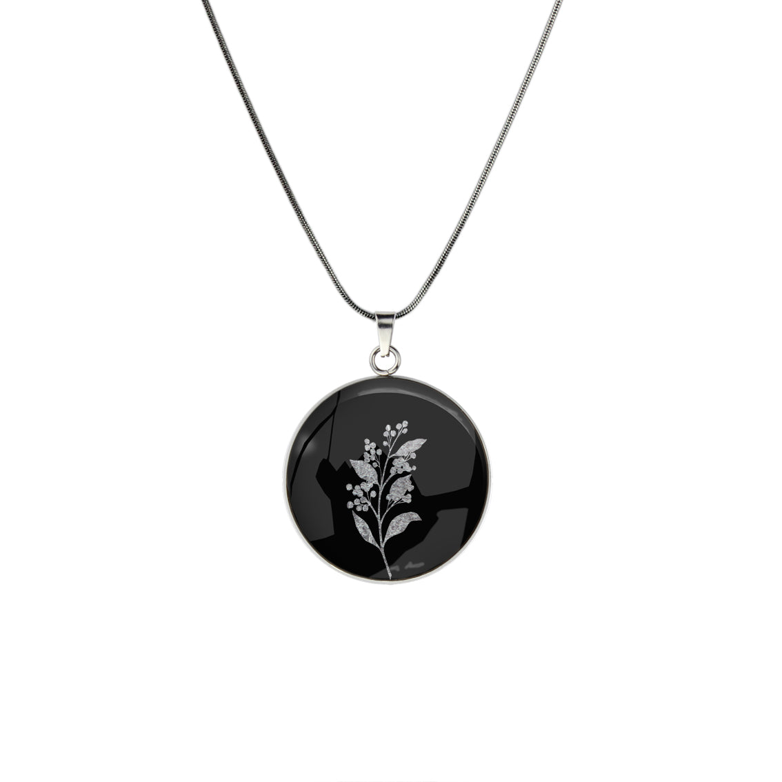 AUSTRALIAN NATIVE FLORA - ACACIA WATTLE CIRCLE PENDANT ON A CHAIN NECKLACE - D827S - on Satchel