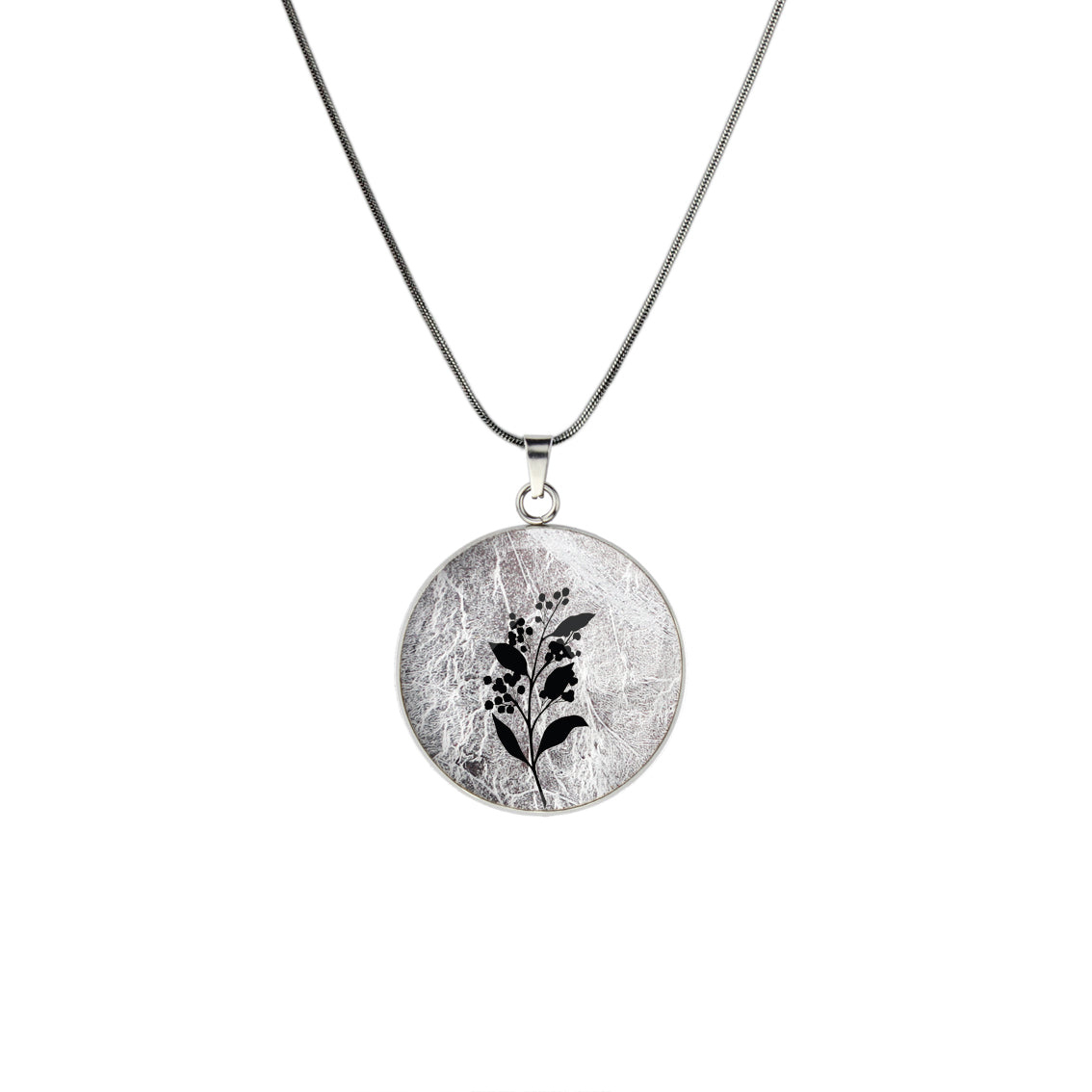 AUSTRALIAN NATIVE FLORA - ACACIA WATTLE CIRCLE PENDANT ON A CHAIN NECKLACE - D827S - on Satchel