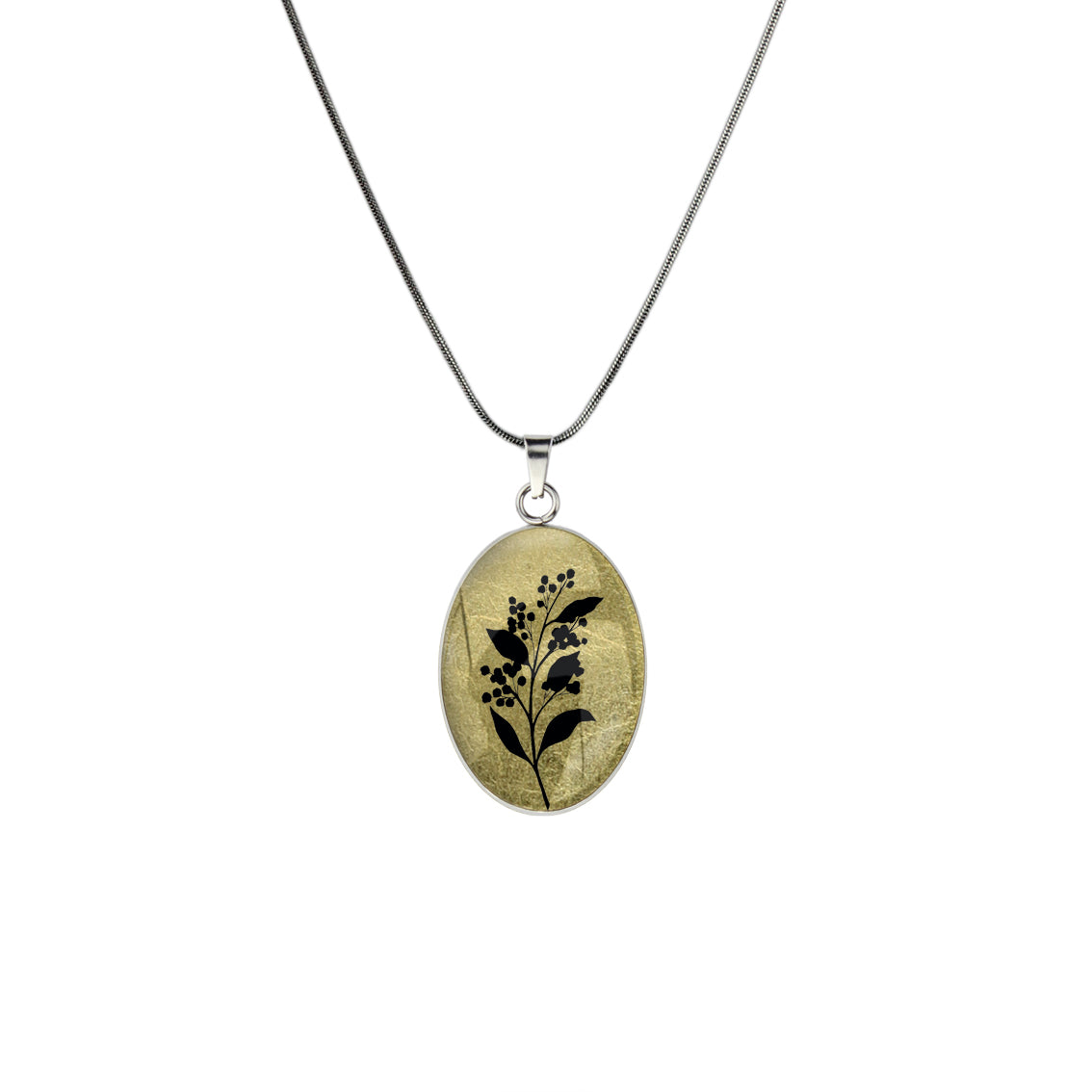AUSTRALIAN NATIVE FLORA - ACACIA WATTLE OVAL CIRCLE PENDANT ON A CHAIN NECKLACE - D826S - on Satchel