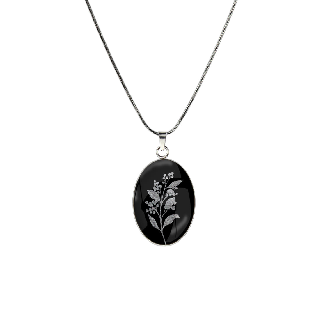 AUSTRALIAN NATIVE FLORA - ACACIA WATTLE OVAL CIRCLE PENDANT ON A CHAIN NECKLACE - D826S - on Satchel