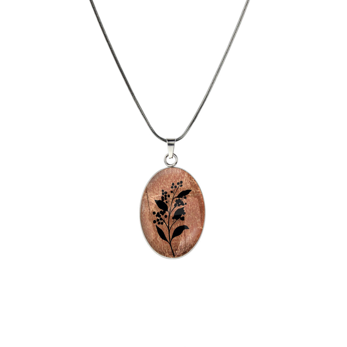 AUSTRALIAN NATIVE FLORA - ACACIA WATTLE OVAL CIRCLE PENDANT ON A CHAIN NECKLACE - D826S - on Satchel