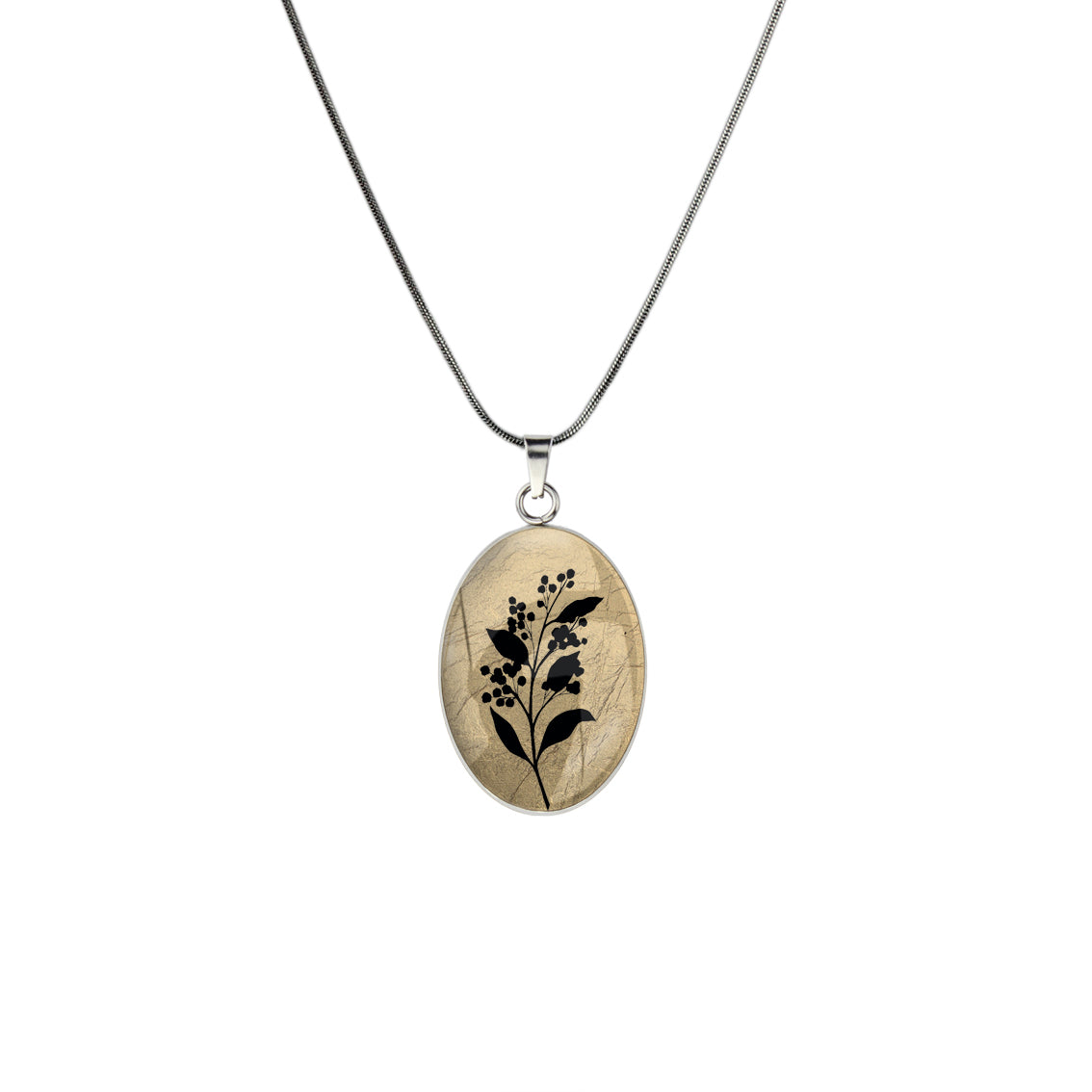 AUSTRALIAN NATIVE FLORA - ACACIA WATTLE OVAL CIRCLE PENDANT ON A CHAIN NECKLACE - D826S - on Satchel