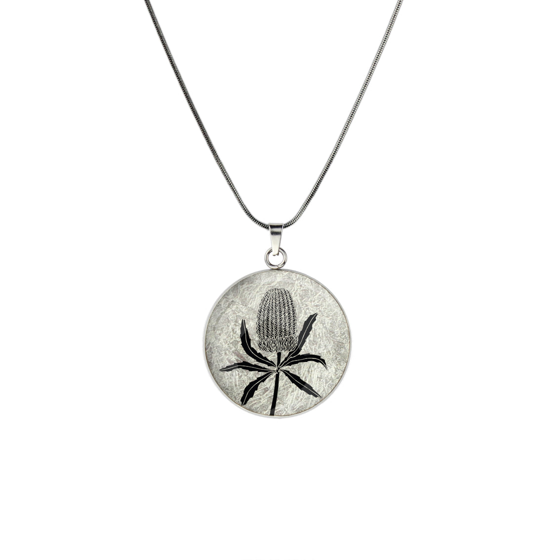 AUSTRALIAN NATIVE FLORA - BANKSIA CIRCLE PENDANT ON A CHAIN NECKLACE - D839S - on Satchel
