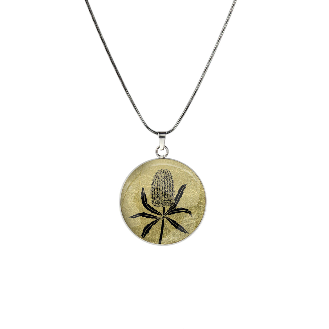 AUSTRALIAN NATIVE FLORA - BANKSIA CIRCLE PENDANT ON A CHAIN NECKLACE - D839S - on Satchel