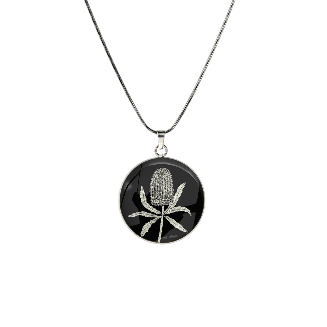 AUSTRALIAN NATIVE FLORA - BANKSIA CIRCLE PENDANT ON A CHAIN NECKLACE - D839 - in Circle Box