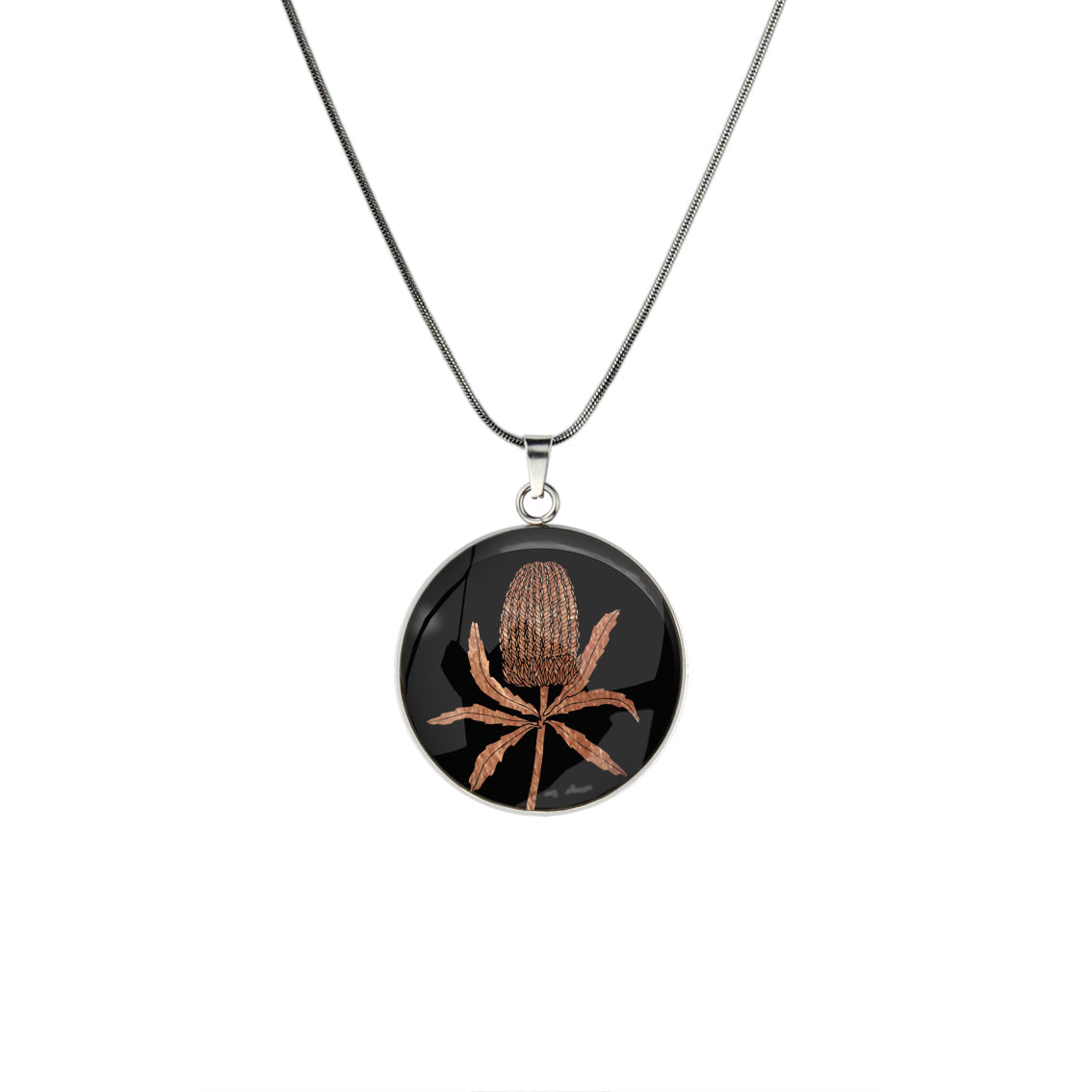 AUSTRALIAN NATIVE FLORA - BANKSIA CIRCLE PENDANT ON A CHAIN NECKLACE - D839 - in Circle Box