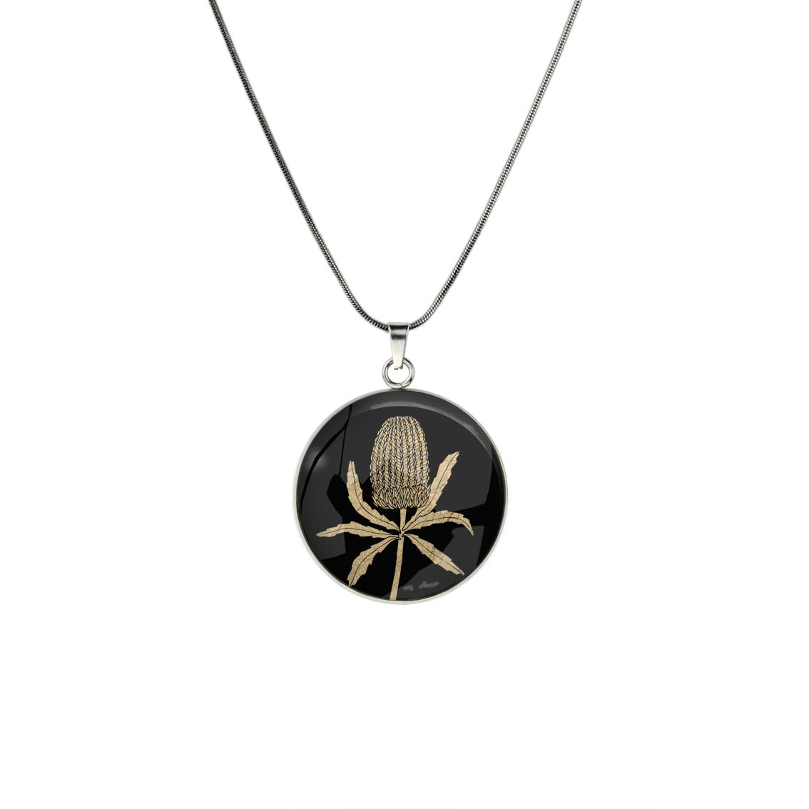 AUSTRALIAN NATIVE FLORA - BANKSIA CIRCLE PENDANT ON A CHAIN NECKLACE - D839S - on Satchel