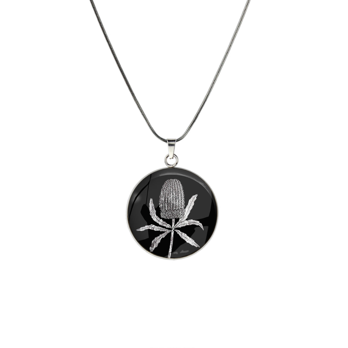 AUSTRALIAN NATIVE FLORA - BANKSIA CIRCLE PENDANT ON A CHAIN NECKLACE - D839S - on Satchel