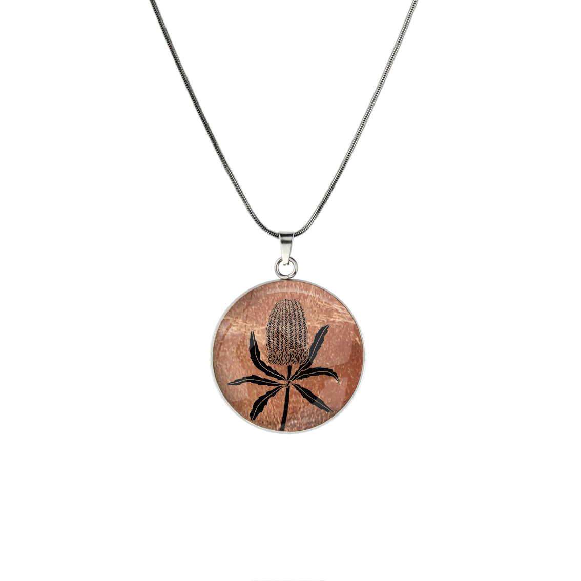 AUSTRALIAN NATIVE FLORA - BANKSIA CIRCLE PENDANT ON A CHAIN NECKLACE - D839 - in Circle Box