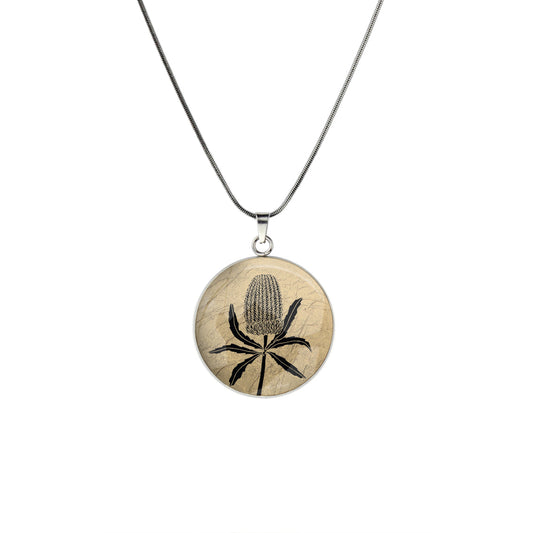 AUSTRALIAN NATIVE FLORA - BANKSIA CIRCLE PENDANT ON A CHAIN NECKLACE - D839S - on Satchel