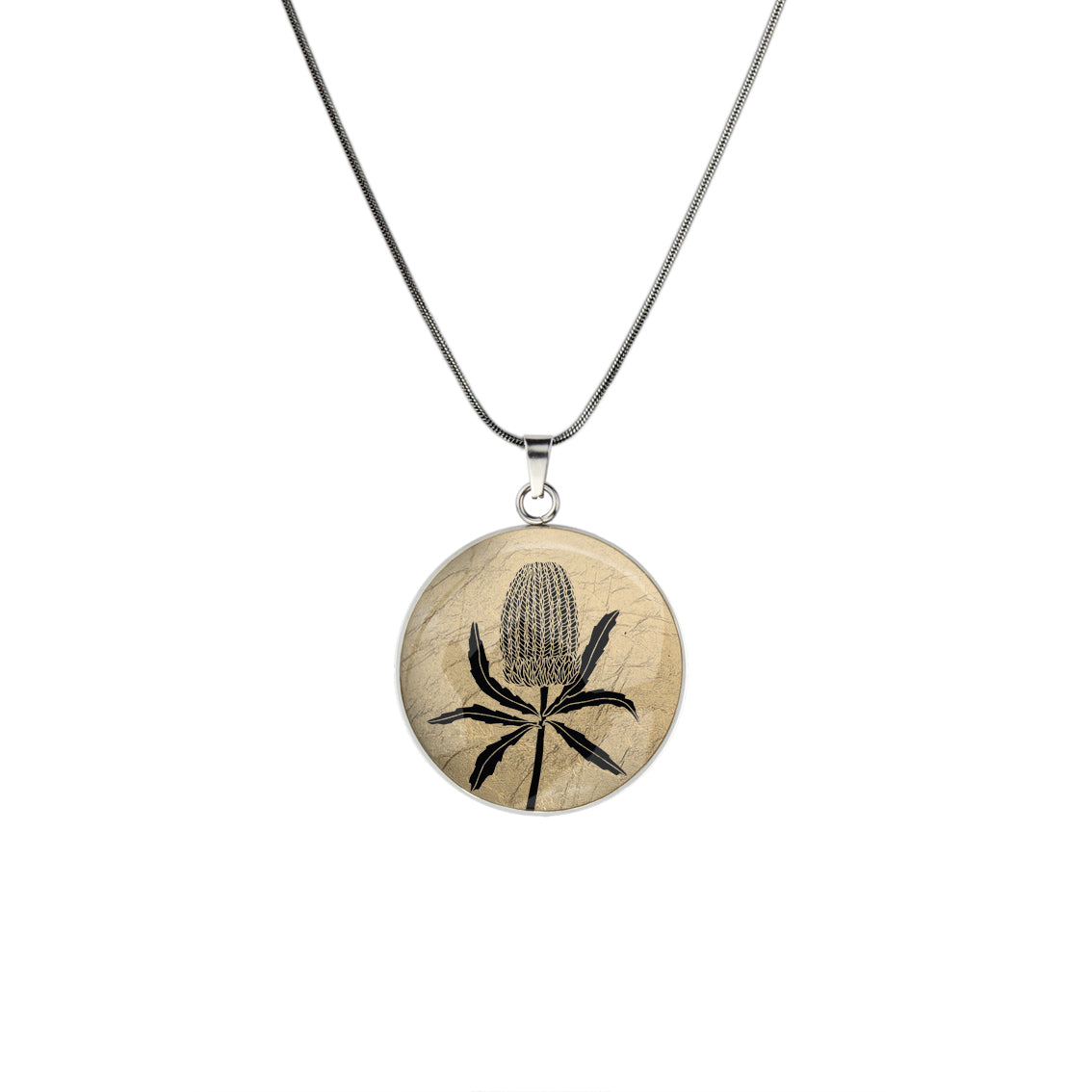 AUSTRALIAN NATIVE FLORA - BANKSIA CIRCLE PENDANT ON A CHAIN NECKLACE - D839 - in Circle Box