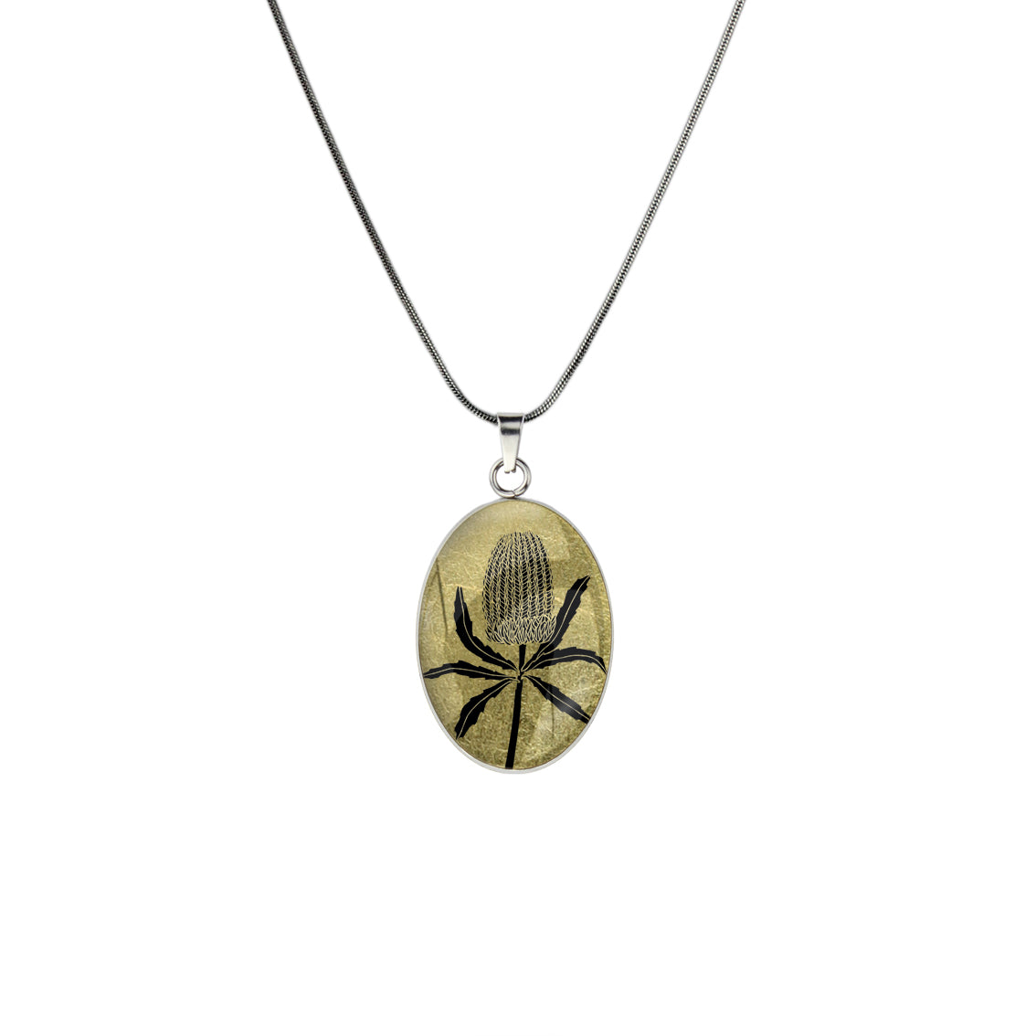 AUSTRALIAN NATIVE FLORA - BANKSIA OVAL CIRCLE PENDANT ON A CHAIN NECKLACE - D838S - on Satchel