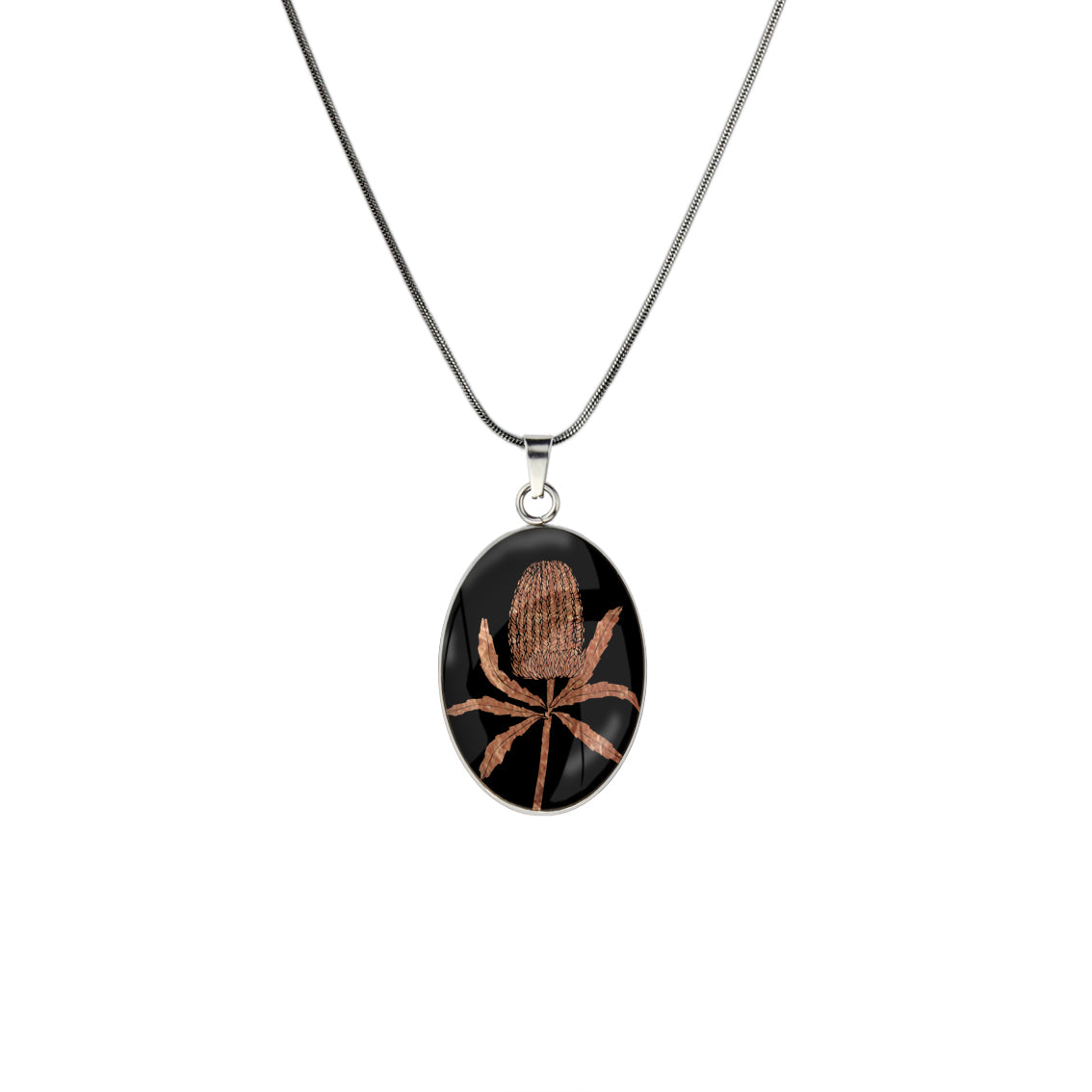 AUSTRALIAN NATIVE FLORA - BANKSIA OVAL CIRCLE PENDANT ON A CHAIN NECKLACE - D838 - in Circle Box