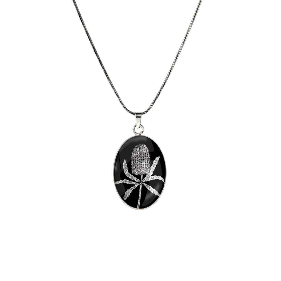 AUSTRALIAN NATIVE FLORA - BANKSIA OVAL CIRCLE PENDANT ON A CHAIN NECKLACE - D838S - on Satchel