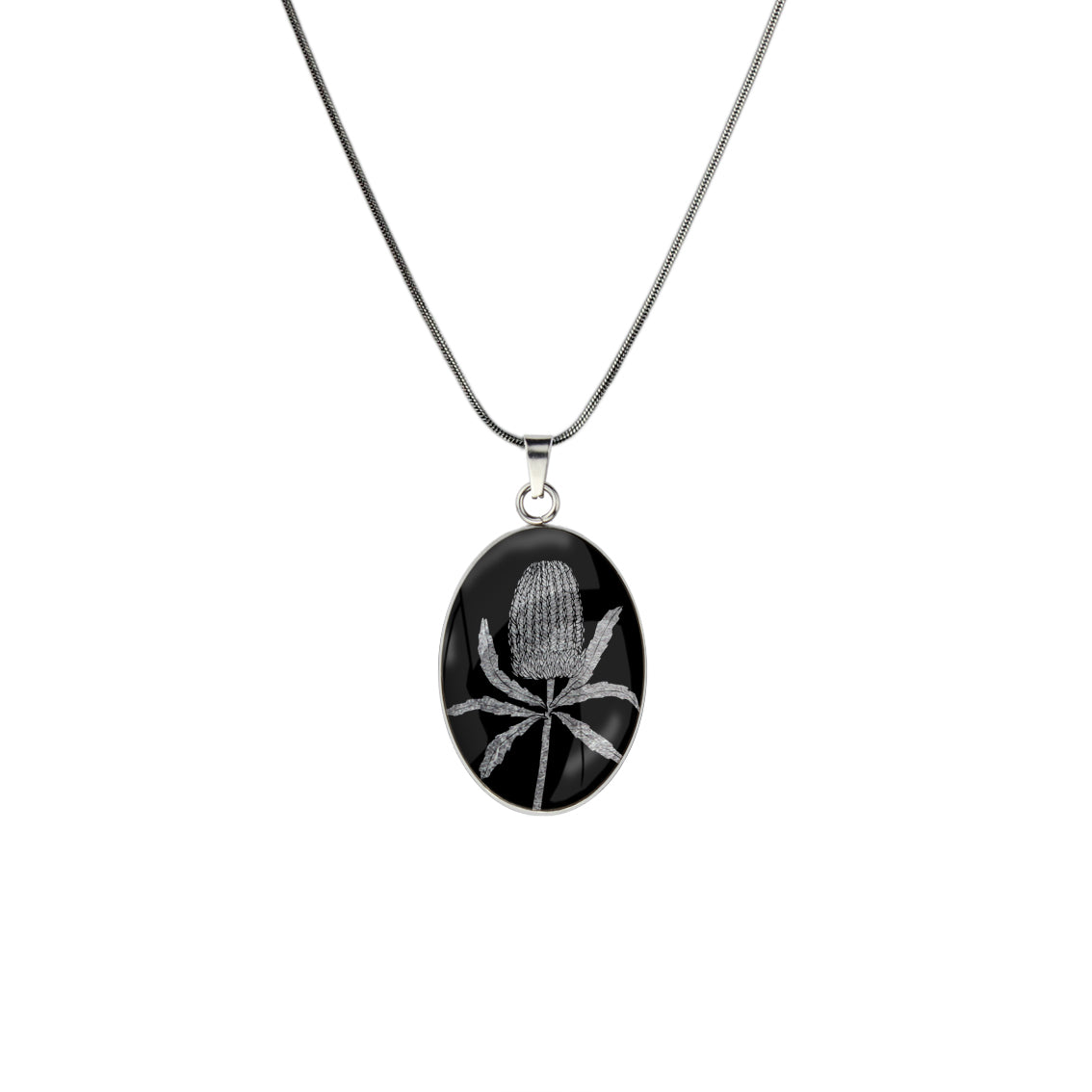 AUSTRALIAN NATIVE FLORA - BANKSIA OVAL CIRCLE PENDANT ON A CHAIN NECKLACE - D838S - on Satchel