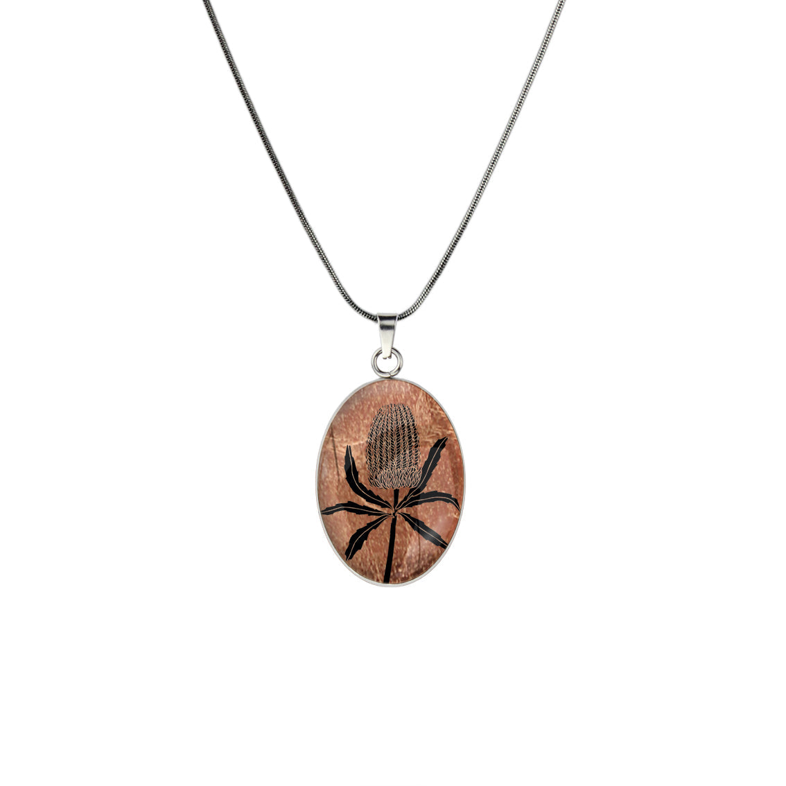 AUSTRALIAN NATIVE FLORA - BANKSIA OVAL CIRCLE PENDANT ON A CHAIN NECKLACE - D838S - on Satchel