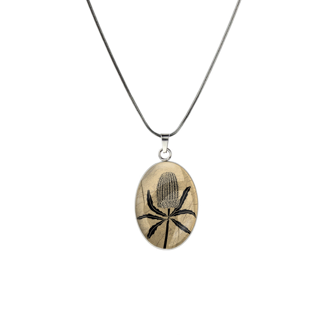 AUSTRALIAN NATIVE FLORA - BANKSIA OVAL CIRCLE PENDANT ON A CHAIN NECKLACE - D838S - on Satchel