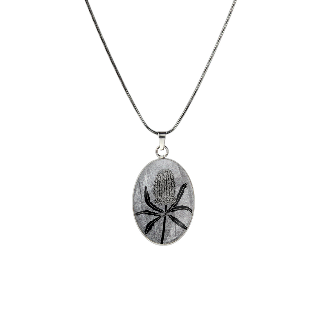 AUSTRALIAN NATIVE FLORA - BANKSIA OVAL CIRCLE PENDANT ON A CHAIN NECKLACE - D838S - on Satchel