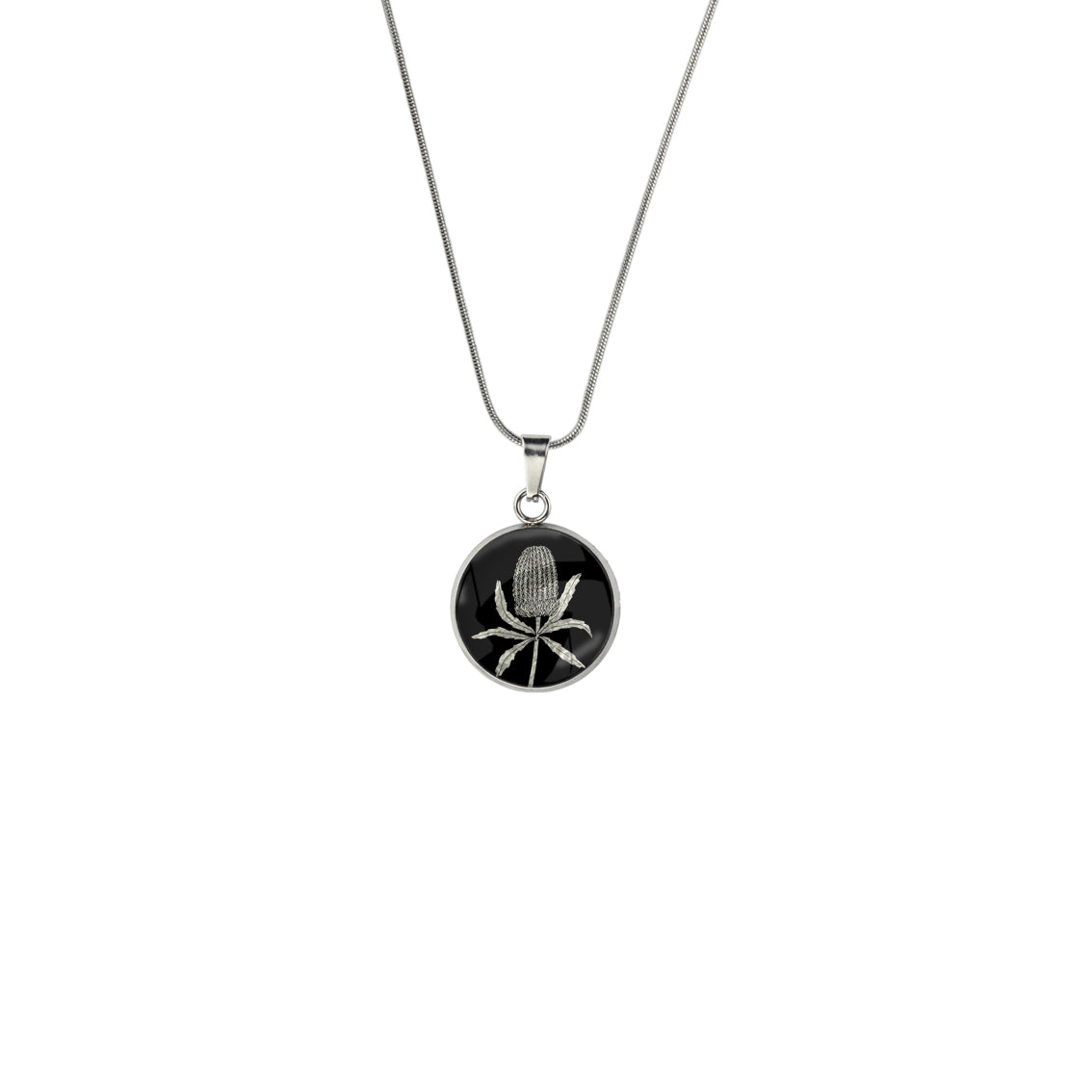 AUSTRALIAN NATIVE FLORA - BANKSIA XS CIRCLE PENDANT ON A CHAIN NECKLACE - D837S - on Satchel