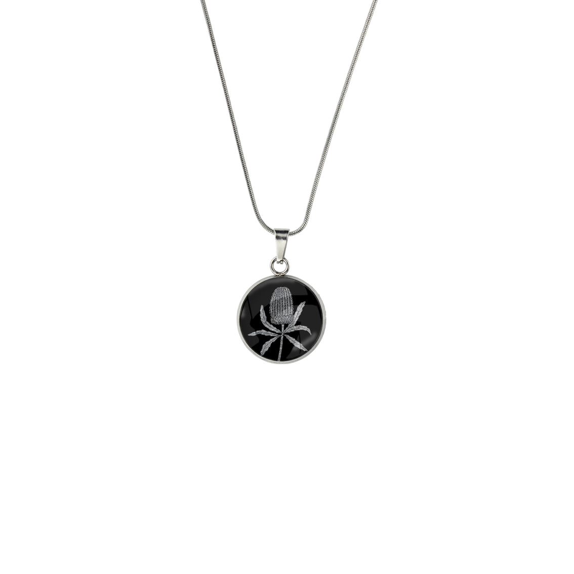 AUSTRALIAN NATIVE FLORA - BANKSIA XS CIRCLE PENDANT ON A CHAIN NECKLACE - D837S - on Satchel