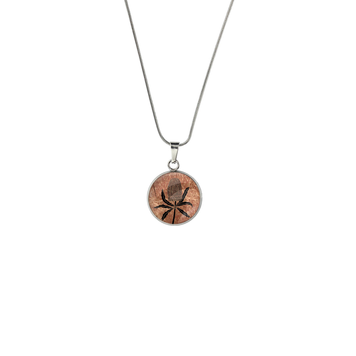 AUSTRALIAN NATIVE FLORA - BANKSIA XS CIRCLE PENDANT ON A CHAIN NECKLACE - D837 - in Circle Box