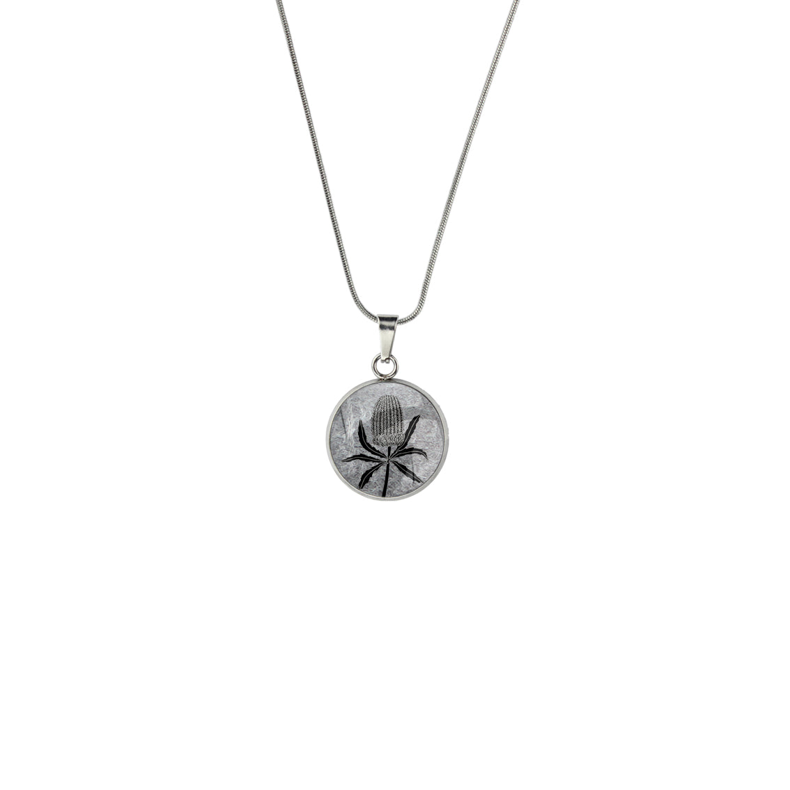AUSTRALIAN NATIVE FLORA - BANKSIA XS CIRCLE PENDANT ON A CHAIN NECKLACE - D837S - on Satchel