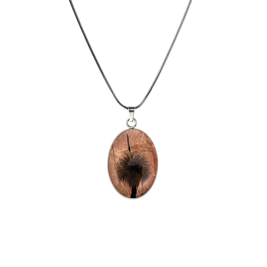 AUSTRALIAN NATIVE FLORA - GRASS TREE OVAL CIRCLE PENDANT ON A CHAIN NECKLACE - D854 - in Circle Box